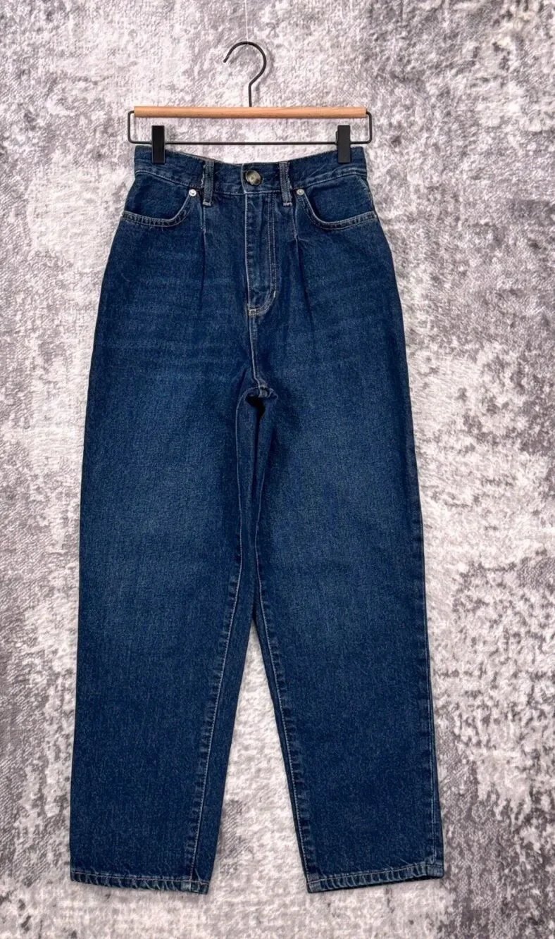 Free People Trouser Jeans 24 Womens Dark Blue Wash Pleated Front Tapered Leg
